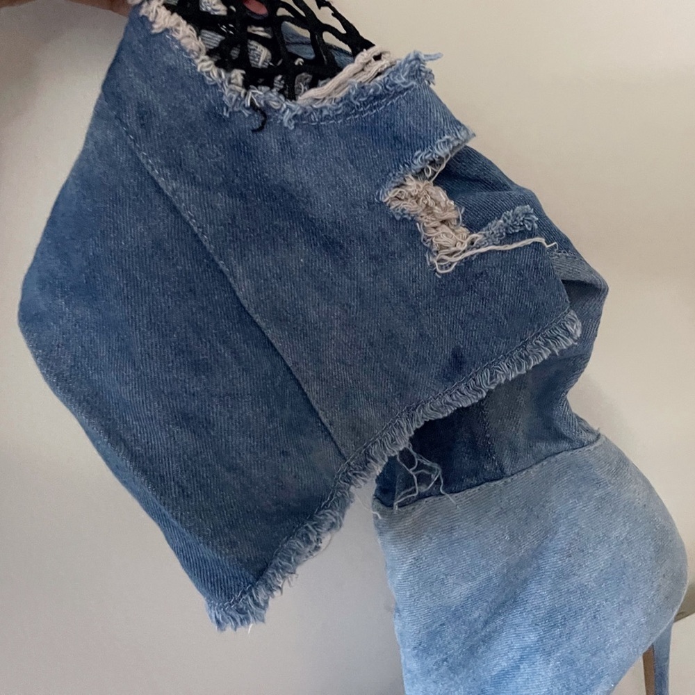 Blue Denim Knee High Peep Toe Boots Party Club Streetwear Festival - Picture 8 of 14